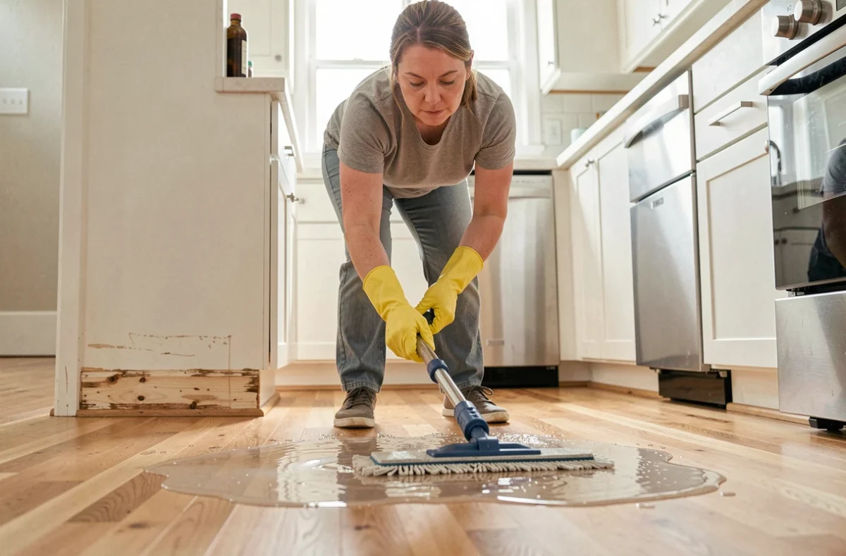 Femme utilisant un balai lave-sol trop humide sur un parquet en chêne, causant des dégâts liés à l'excès d'eau
