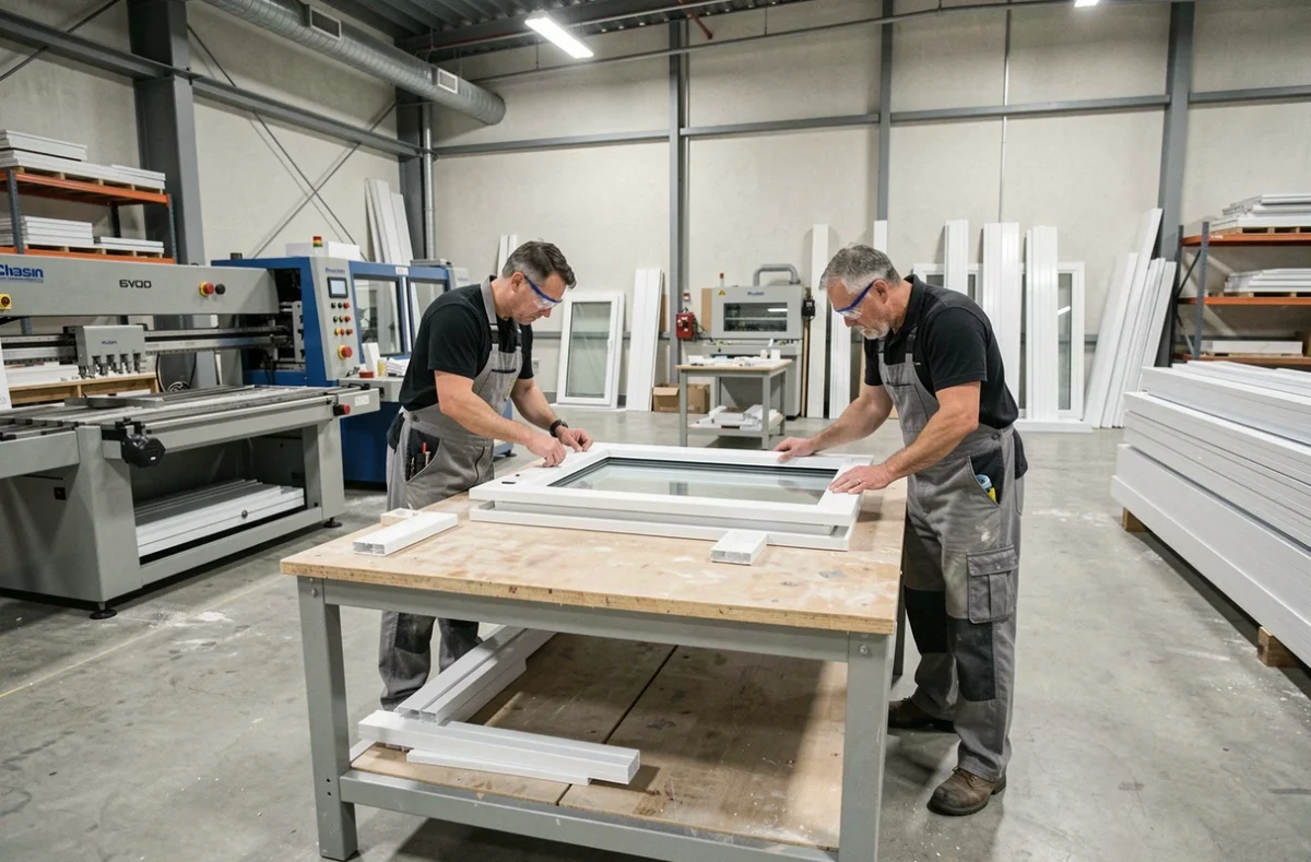 Menuisiers d'Ets Menuiserie Général assemblant une fenêtre PVC dans un atelier de production industriel