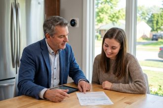 Expert en energie renouvelable expliquant une facture d énergie à une propriétaire