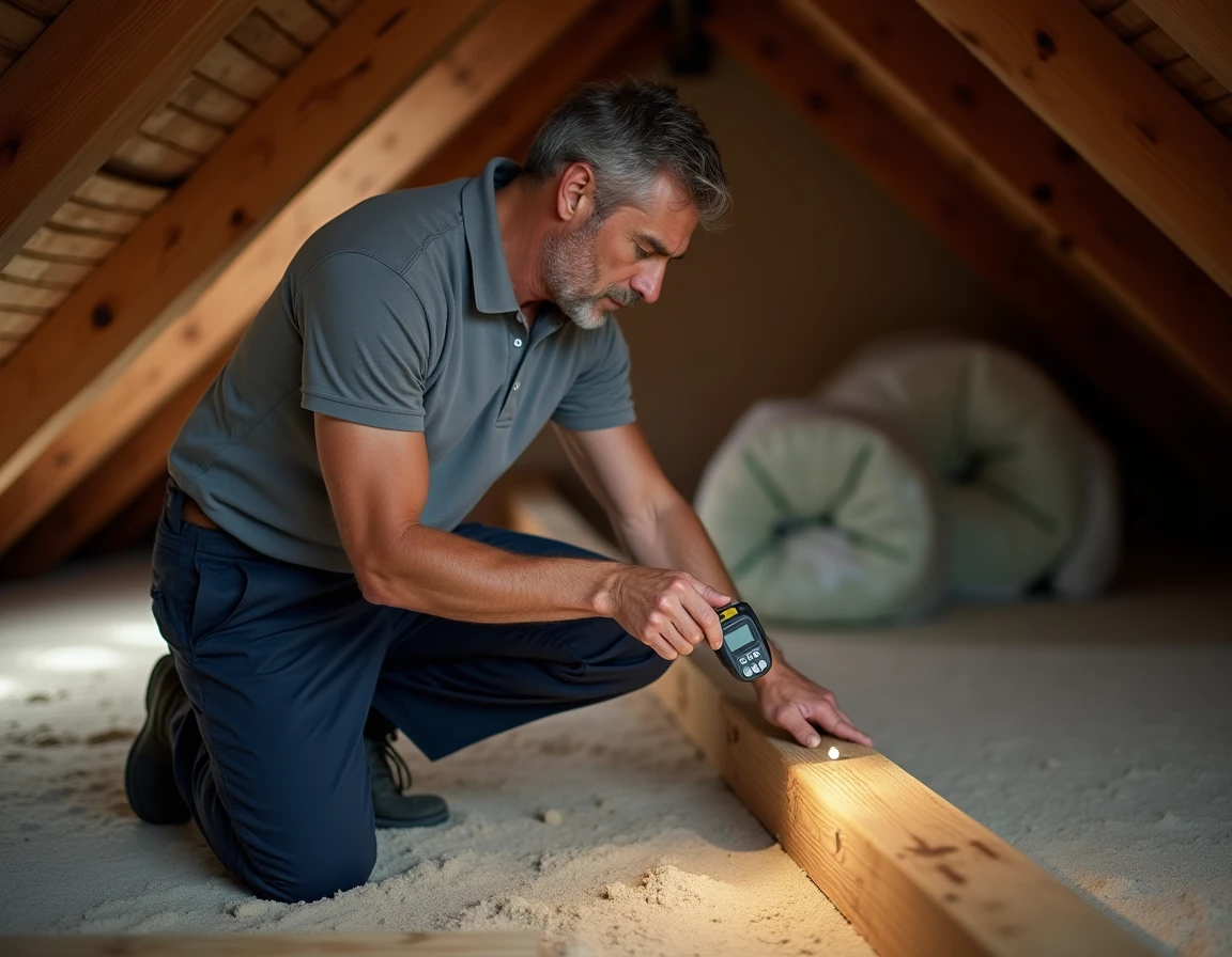 Expert en bâtiment inspectant une charpente en bois dans un grenier pour détecter la présence de capricorne des maisons