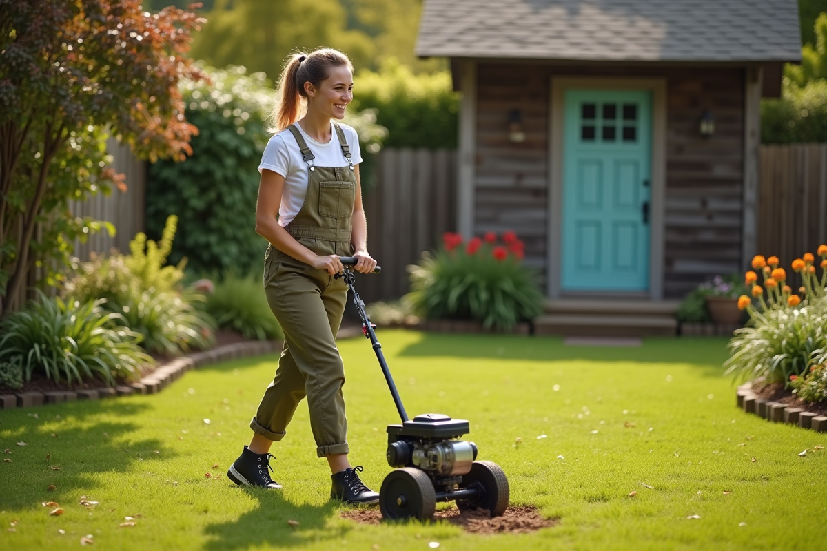 Jeune femme en salopette poussant un aérateur de pelouse en plein soleil