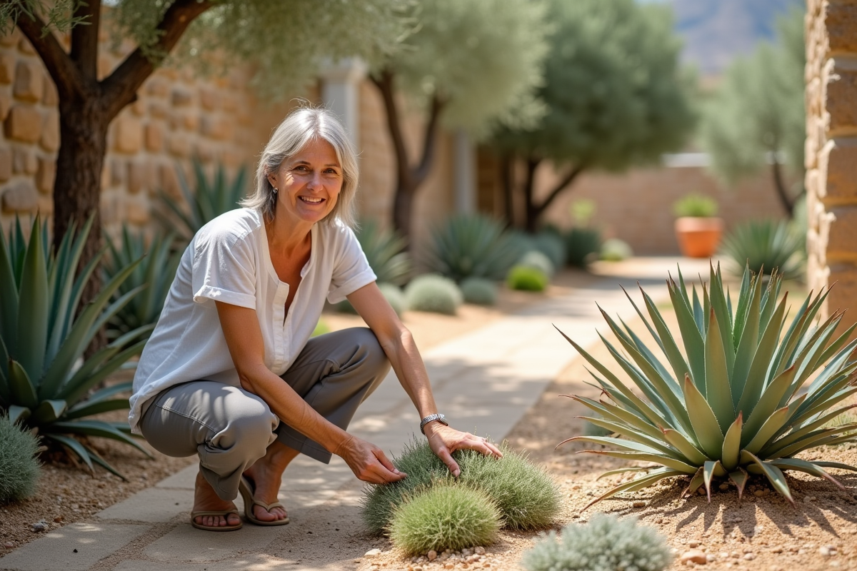 Femme en lin touchant des plantes grasses dans un jardin méditerranéen