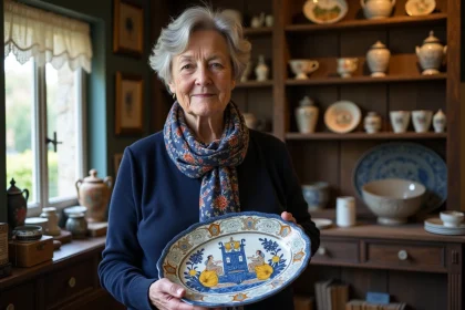 Femme &acirc;g&eacute;e tenant une assiette en faience Quimper dans une boutique