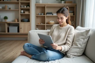 Femme explorant une application de planification intérieure dans un petit appartement