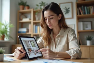 Femme utilisant une application de décoration intérieure sur tablette pour préparer un rendez-vous avec un décorateur