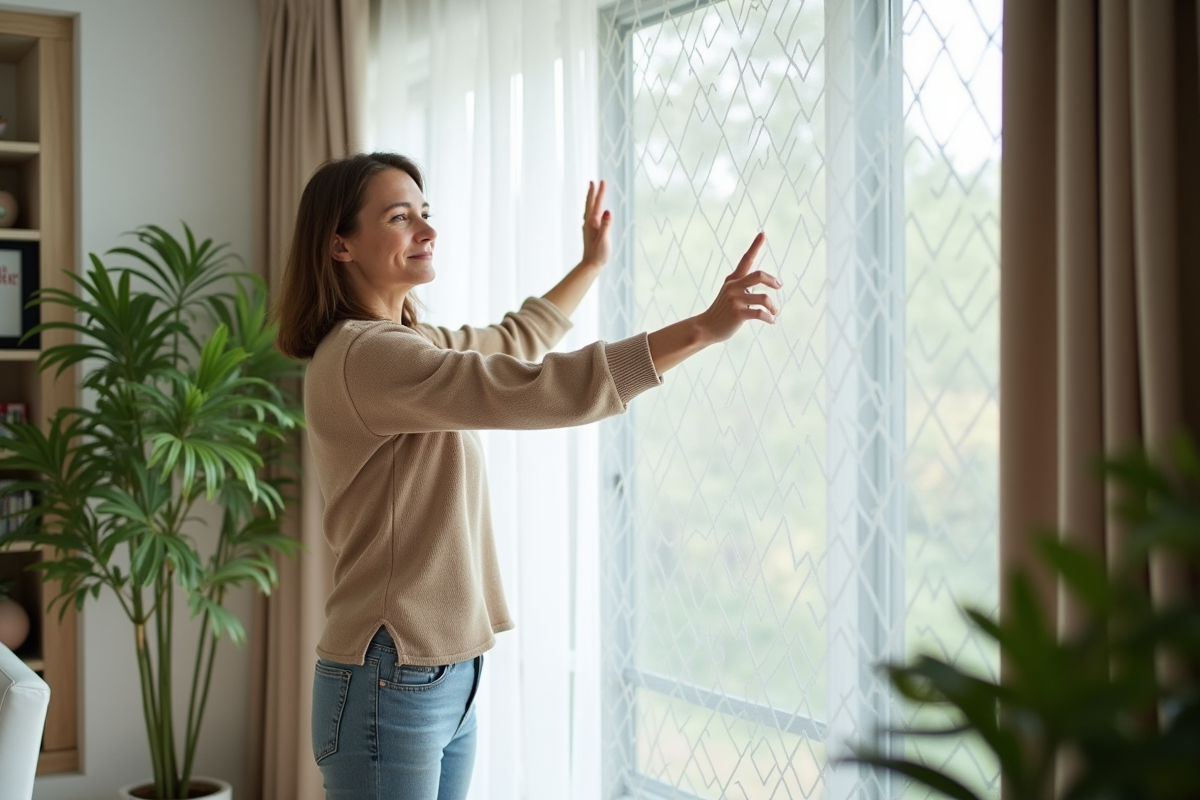 Femme appliquant un film décoratif sur une fenêtre de salon