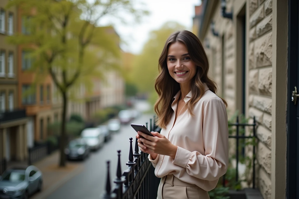 Jeune femme souriante sur balcon en ville