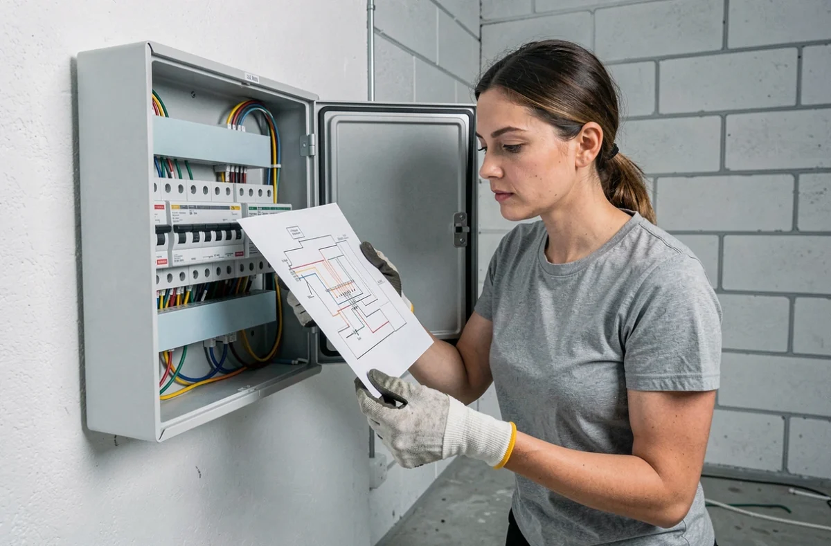 Femme bricoleure comparant un schéma électrique simplifié 220V face à un tableau de distribution domestique ouvert dans une buanderie