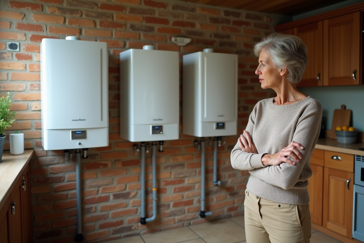Femme dans sa cuisine observant différentes chaudières