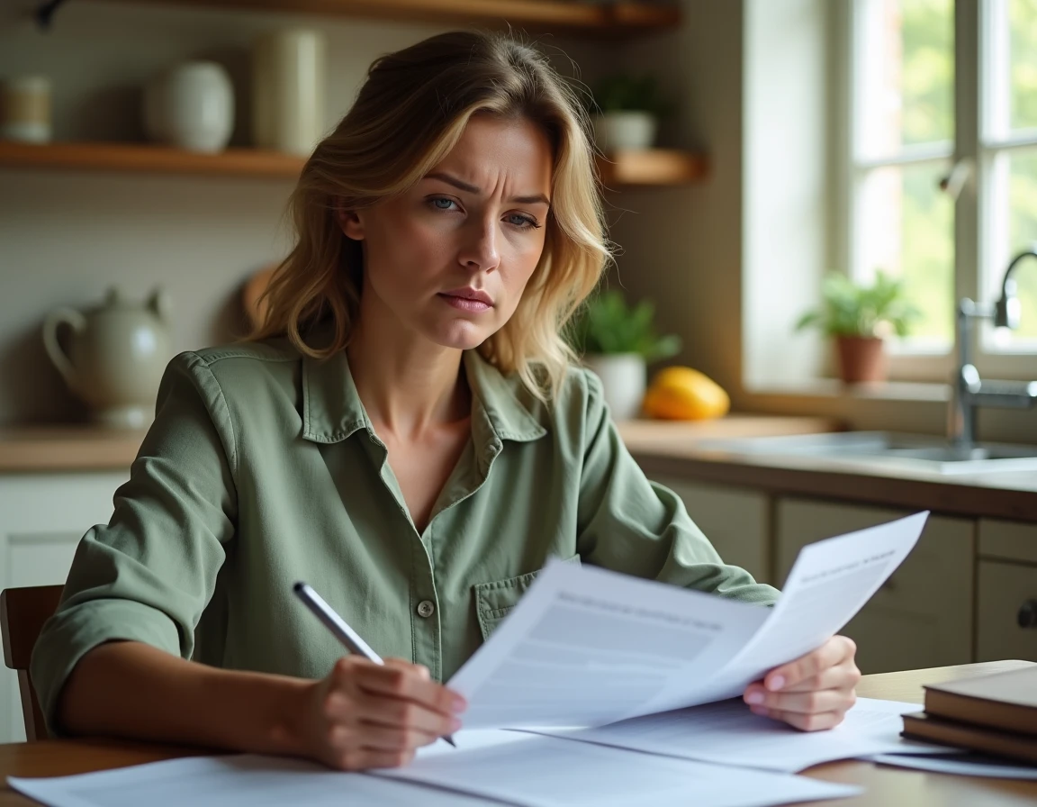 Femme consultant son contrat d'assurance habitation à la cuisine pour vérifier la couverture contre le capricorne des maisons
