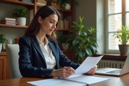 Femme professionnelle examinant des documents de pr&ecirc;t immobilier
