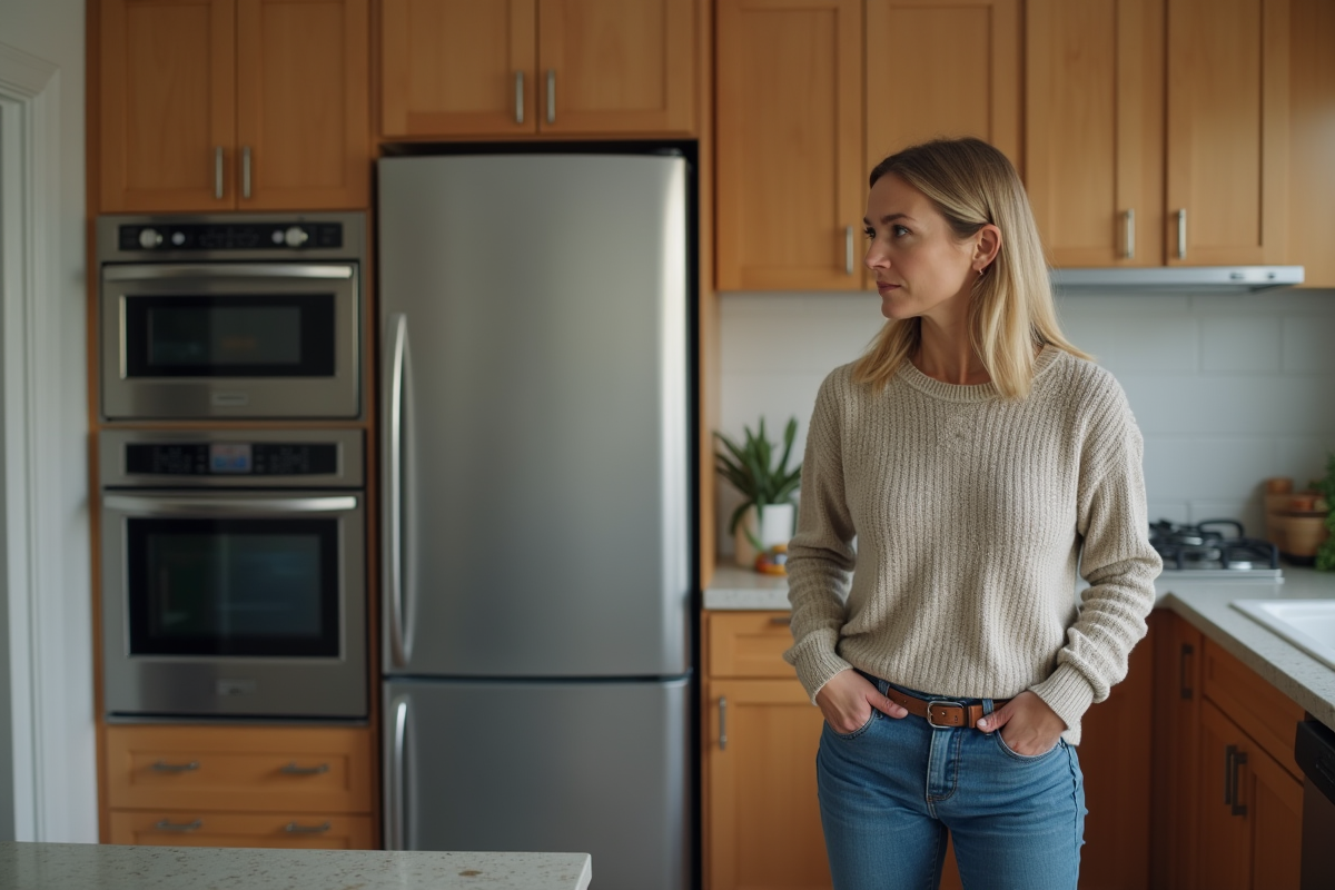 Femme d'âge moyen dans une cuisine moderne regardant le lave-vaisselle