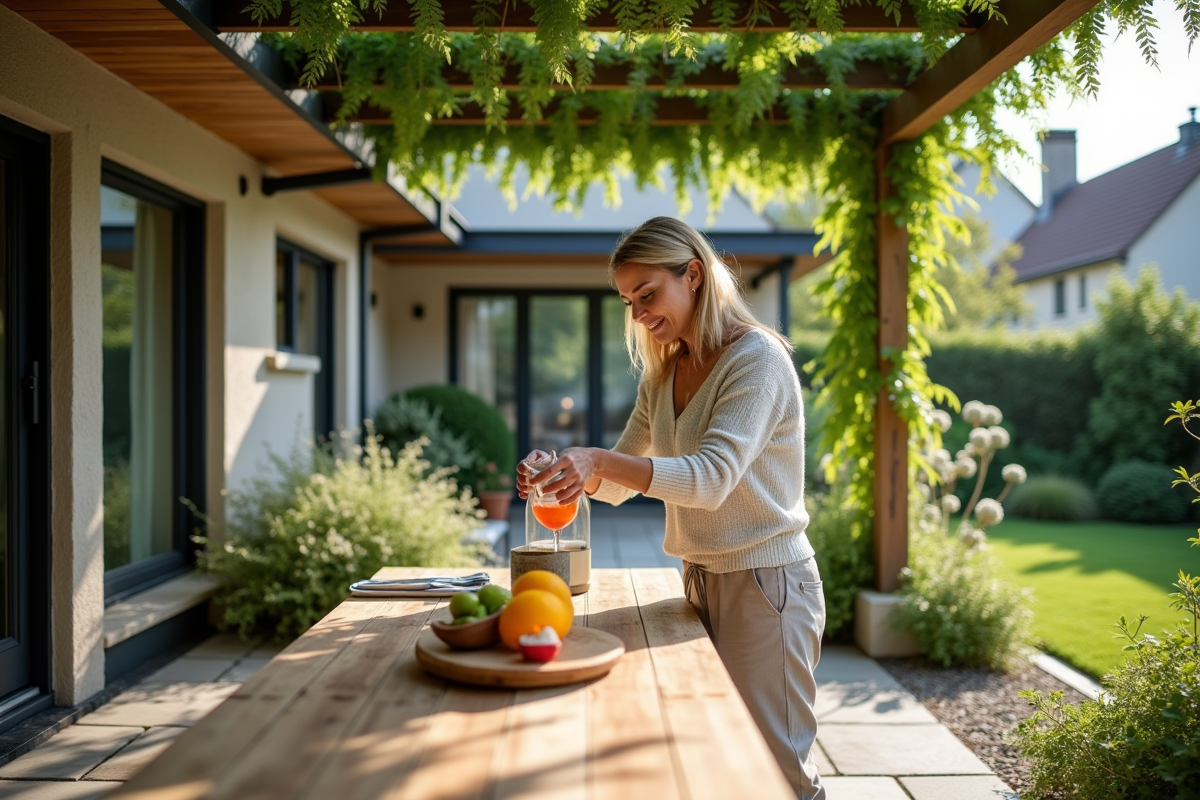Femme d'âge moyen versant des boissons fraîches dans le jardin