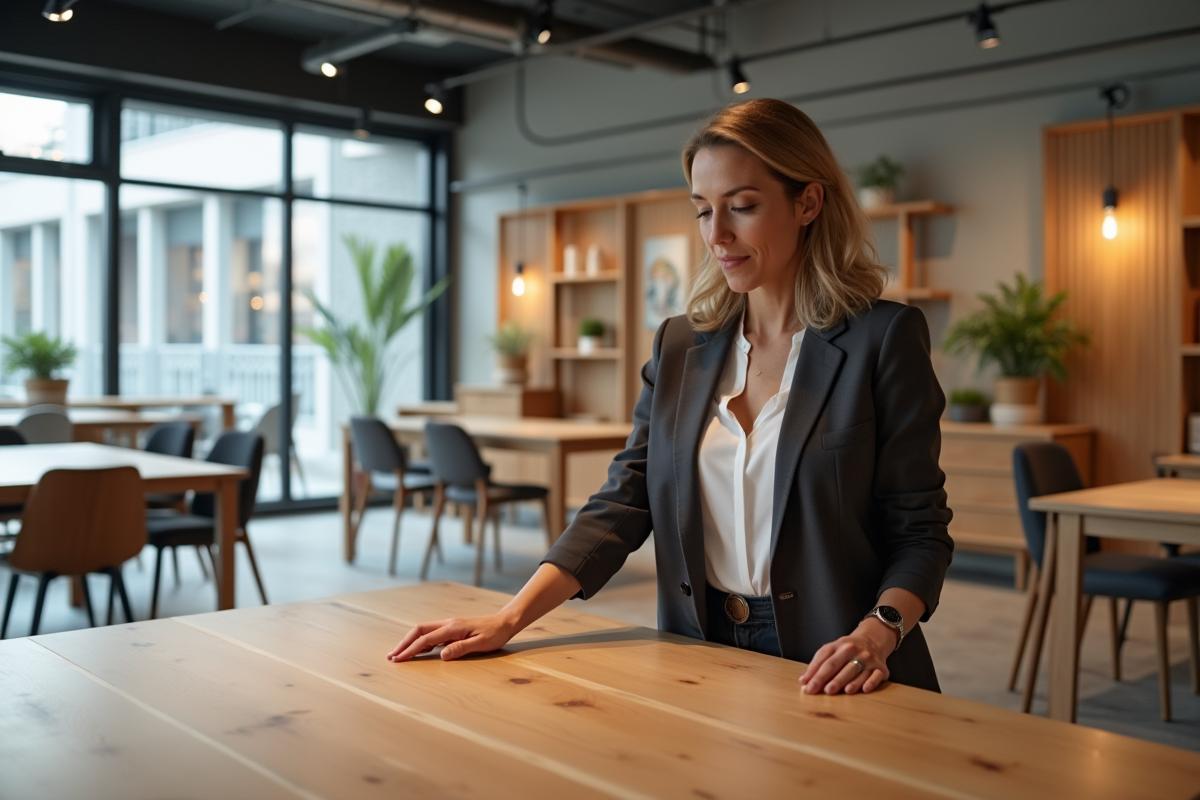 Femme examinant une table en bois dans un showroom moderne