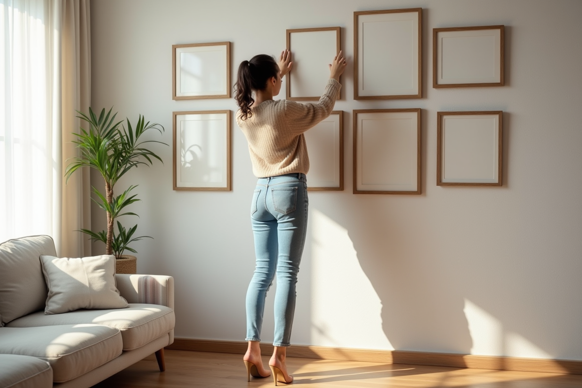 Femme ajustant un cadre photo dans un salon cosy
