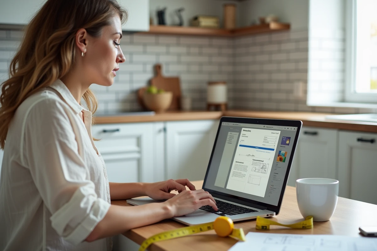 Femme remplissant un formulaire de devis en ligne pour des travaux de rénovation sur son ordinateur portable dans une cuisine moderne