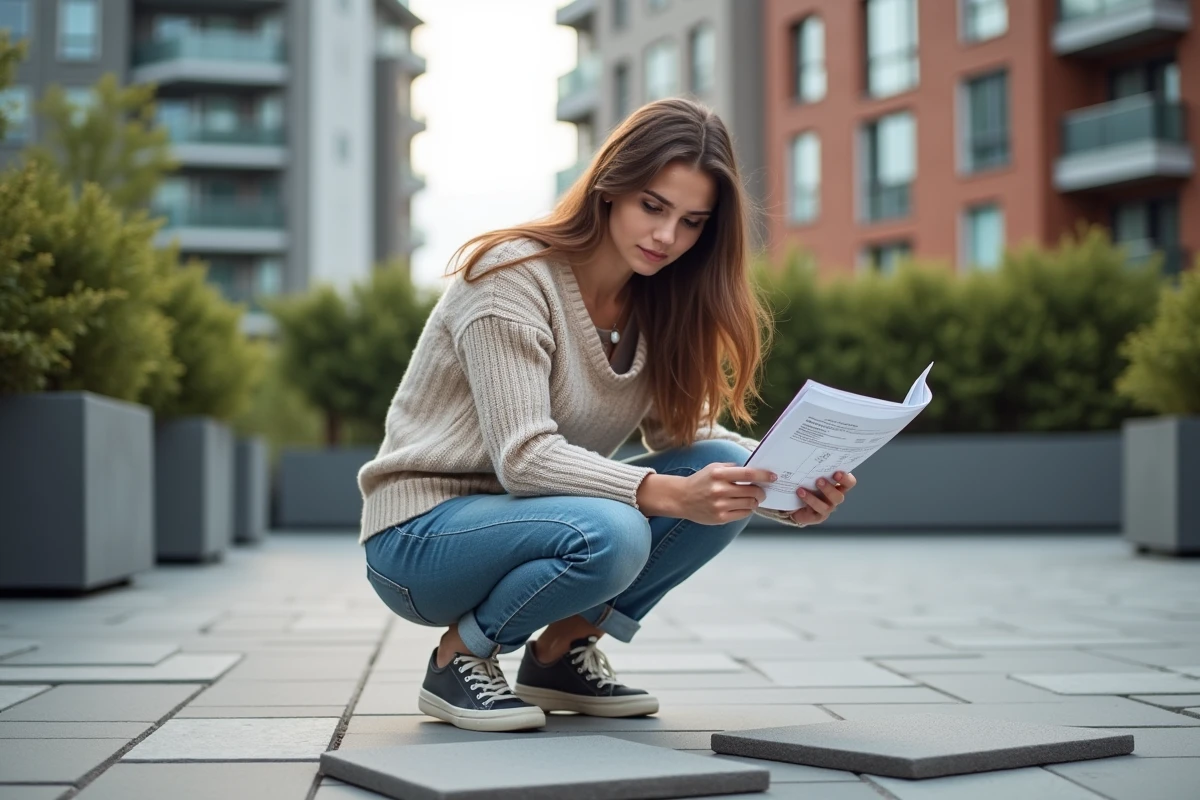 Jeune femme compare des &eacute;chantillons de pav&eacute;s sur une terrasse urbaine