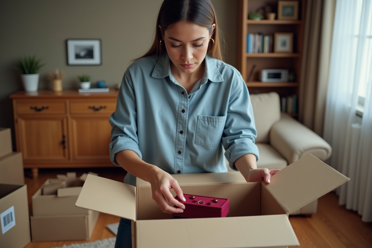 Femme emballant une boîte à bijoux dans une caisse de déménagement