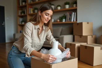 Femme emballant un objet fragile dans un carton de déménagement récupéré gratuitement
