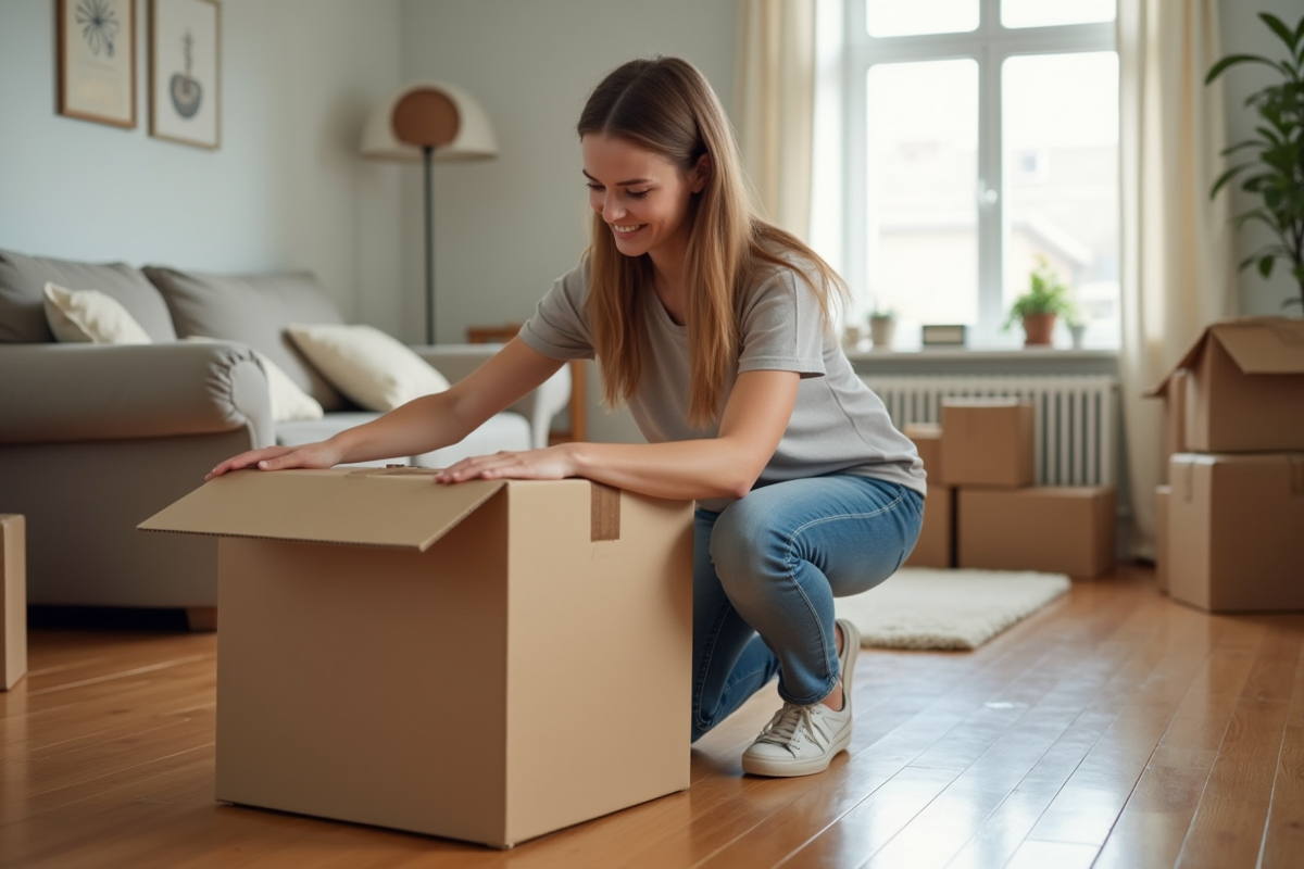 Femme en train de sceller un carton dans un salon lumineux