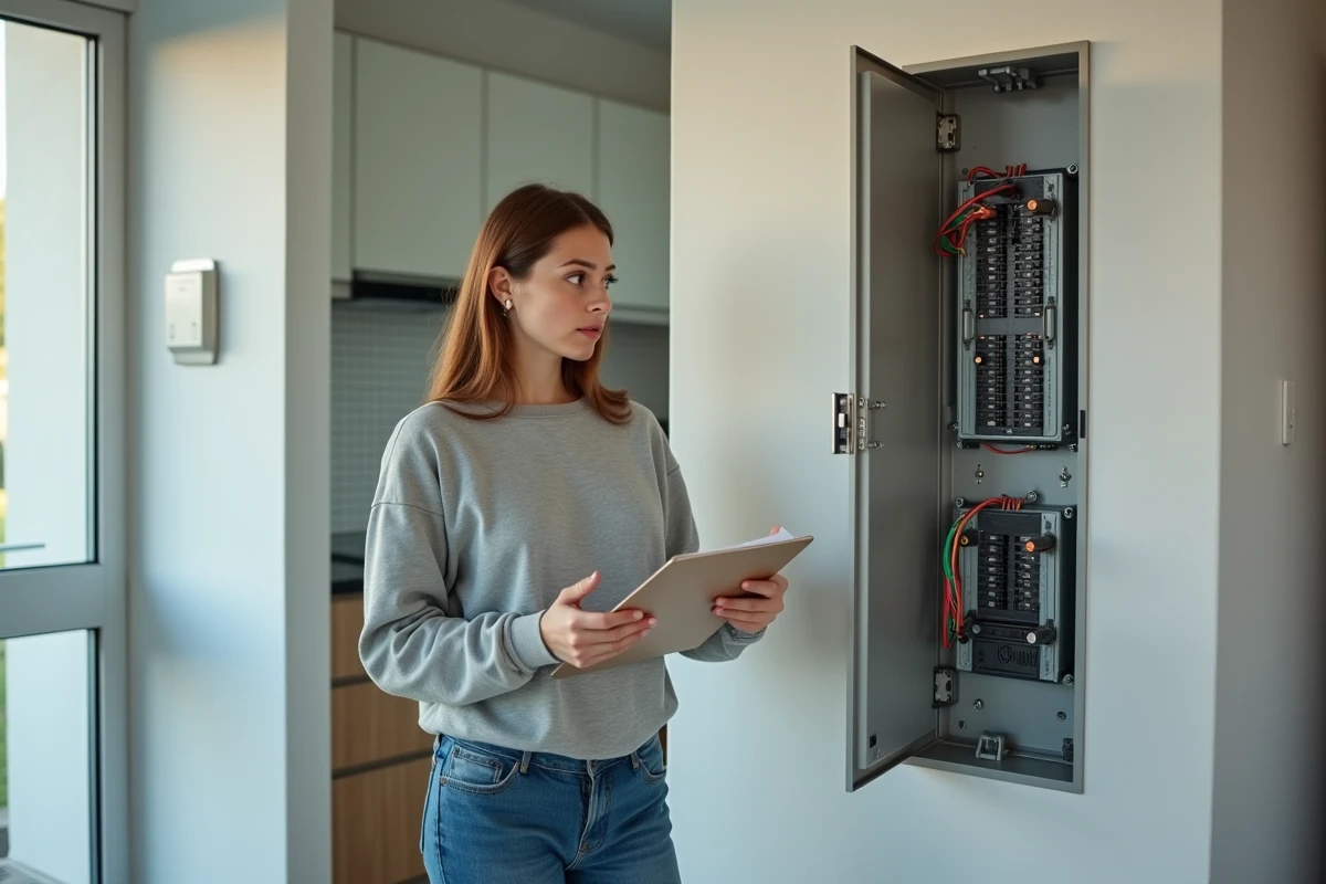Jeune femme étudie un tableau électrique dans la cuisine