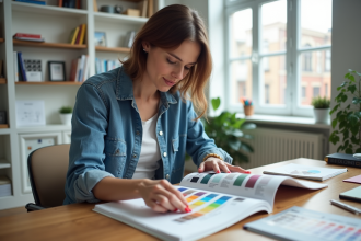 Femme examinant un nuancier Pantone dans un bureau lumineux