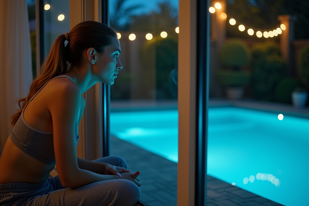 Jeune femme regardant la filtration de la piscine de nuit par la fenêtre