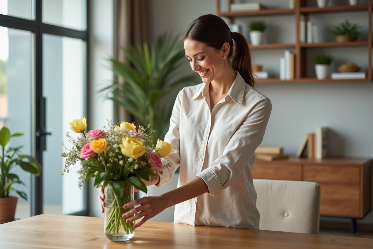 Femme arrangeant un bouquet dans un salon lumineux