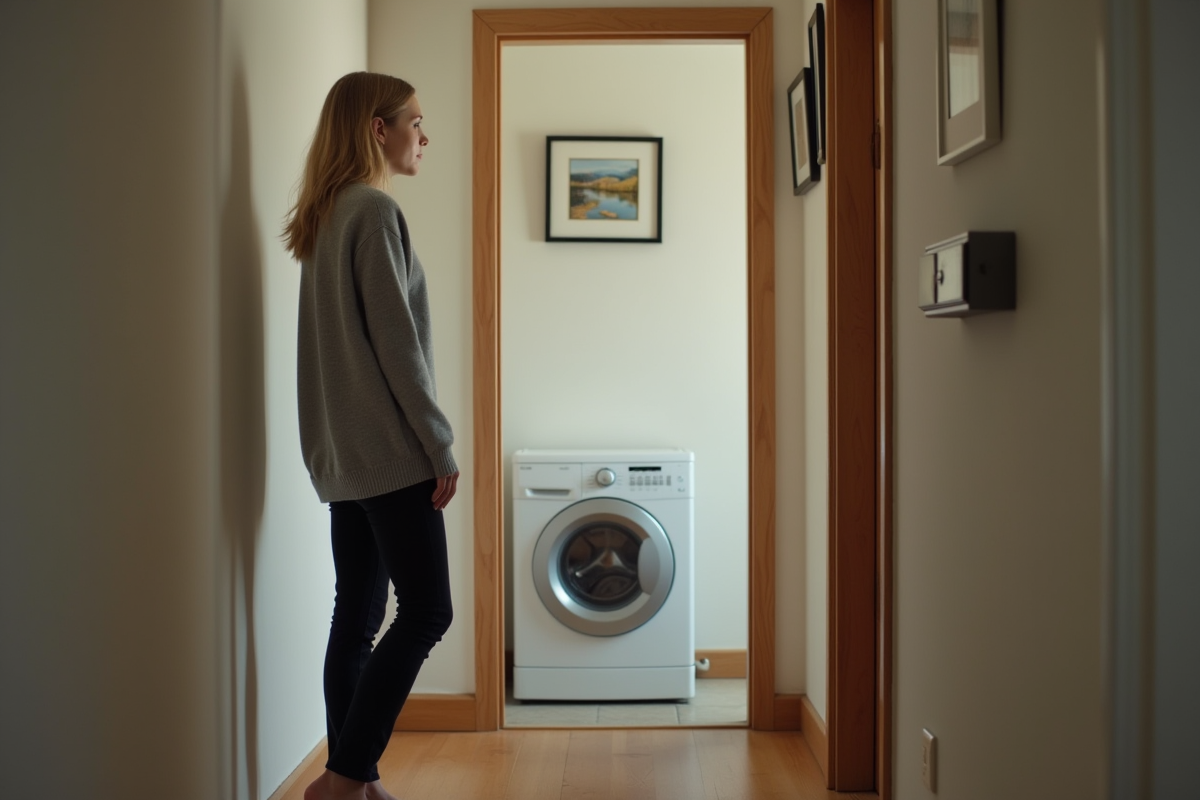Jeune femme dans le couloir regardant la porte du lave-linge