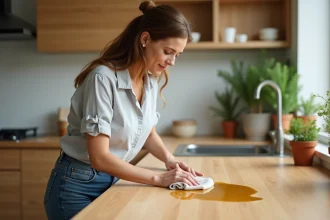 Femme appliquant huile de lin sur une table en bois