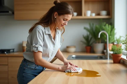 Femme appliquant huile de lin sur une table en bois