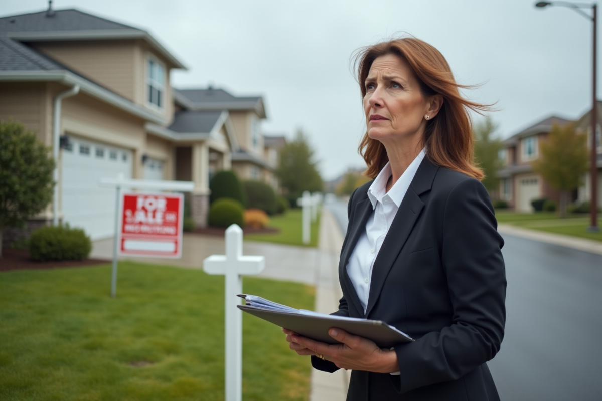 Femme anxieuse devant une maison à vendre