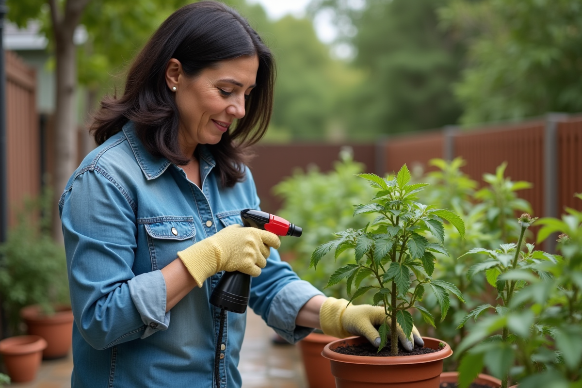 Femme en denim arrosant ses plantes dans le jardin