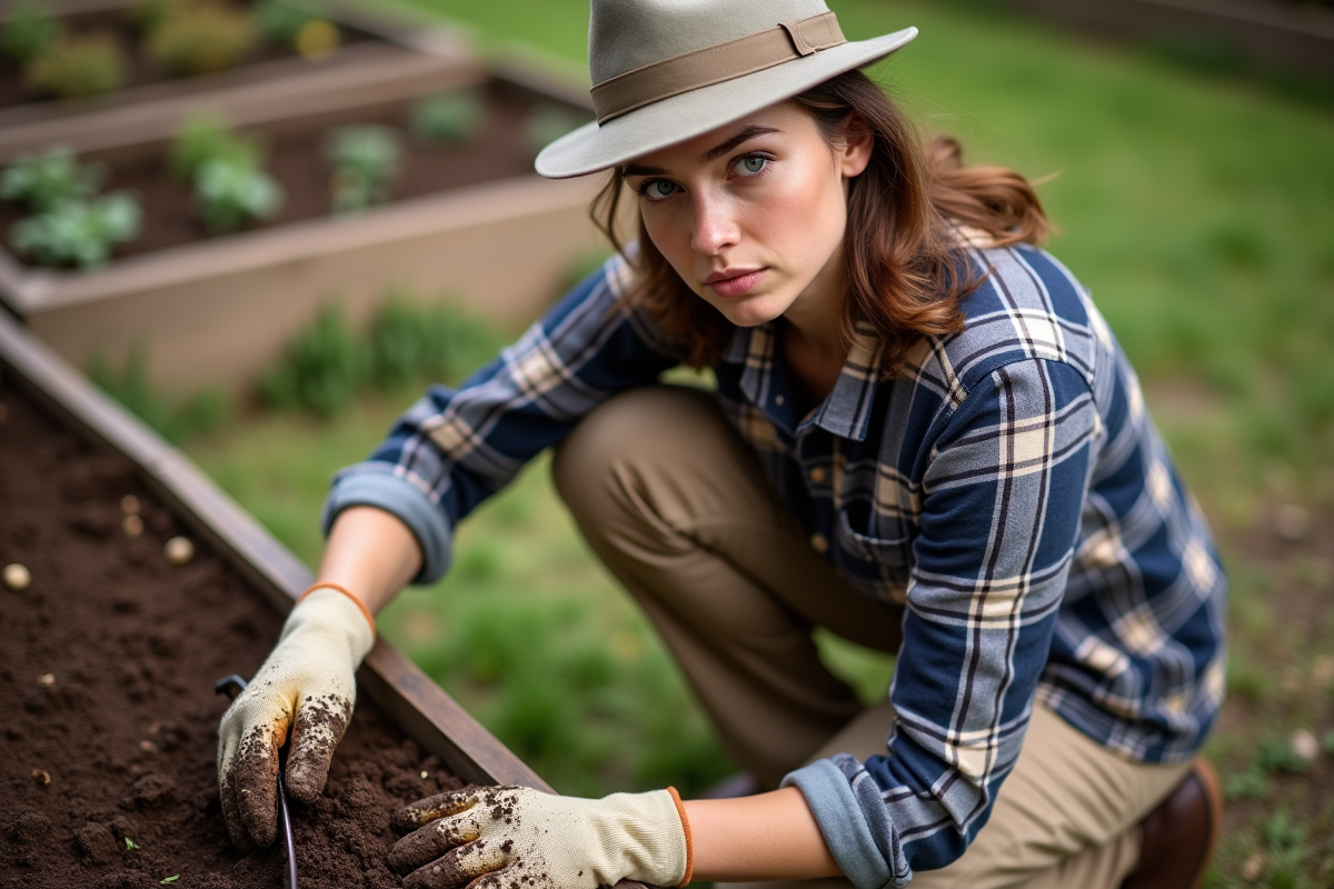 Jeune femme en jardinage avec une truelle sur un lit de terre