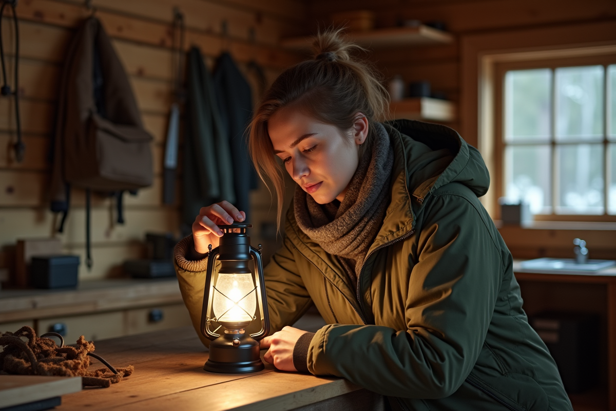 Jeune femme testant une lanterne dans une cabane chaleureuse