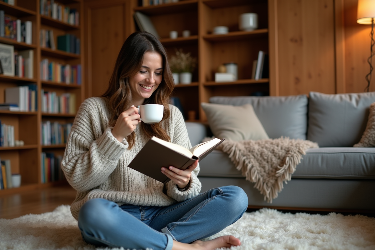 Femme lisant un livre dans un sous-sol cosy