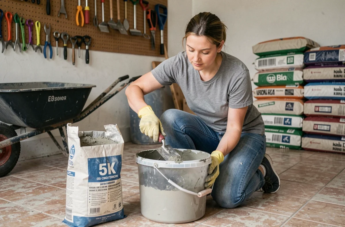 Femme mélangeant du béton 35kg dans un seau lors d'un projet de rénovation en garage