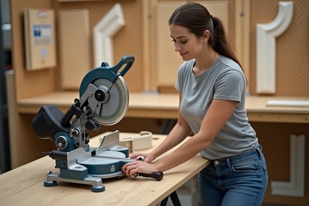 Femme menuisière utilisant une scie à onglet pour réaliser une coupe d'angle sur une moulure en bois en atelier