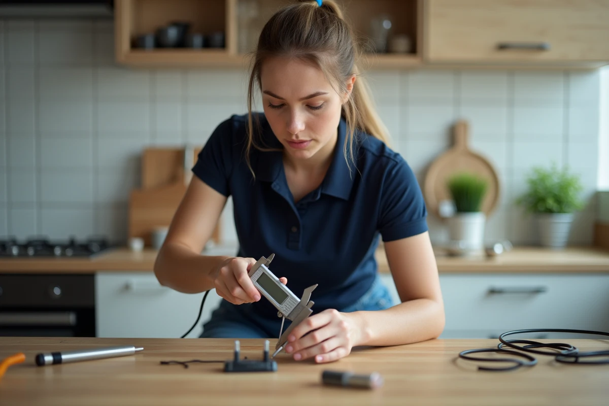 Jeune femme mesurant un fil électrique dans la cuisine