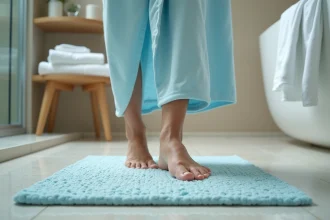 Femme d'âge moyen sur tapis antidérapant dans la salle de bain