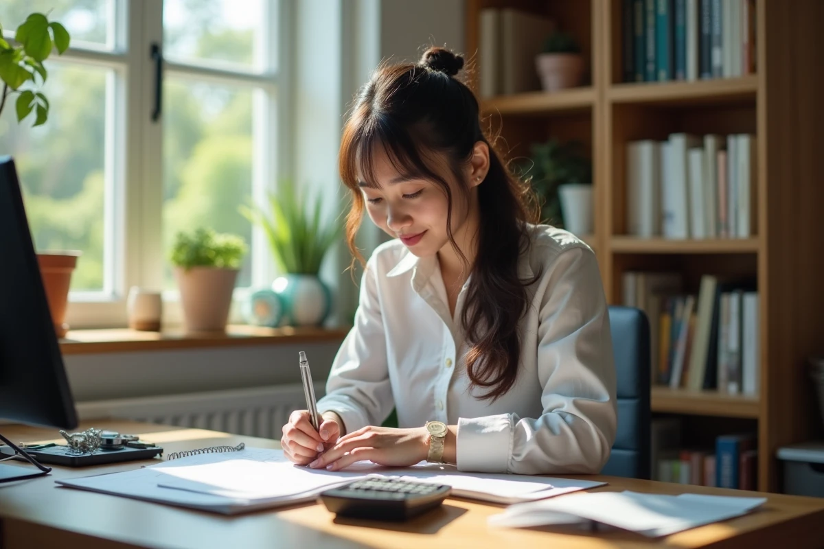 Jeune femme prenant des notes dans un bureau lumineux