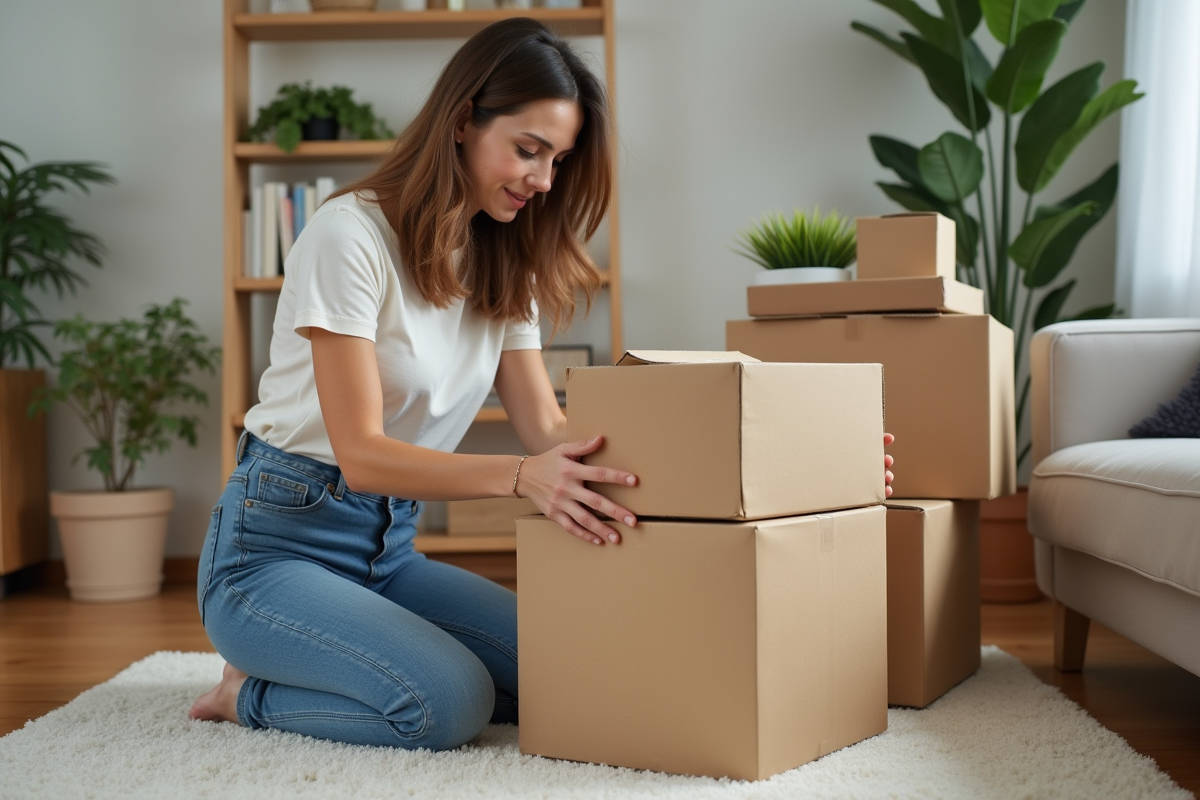Jeune femme arrangeant des cartons dans un appartement moderne