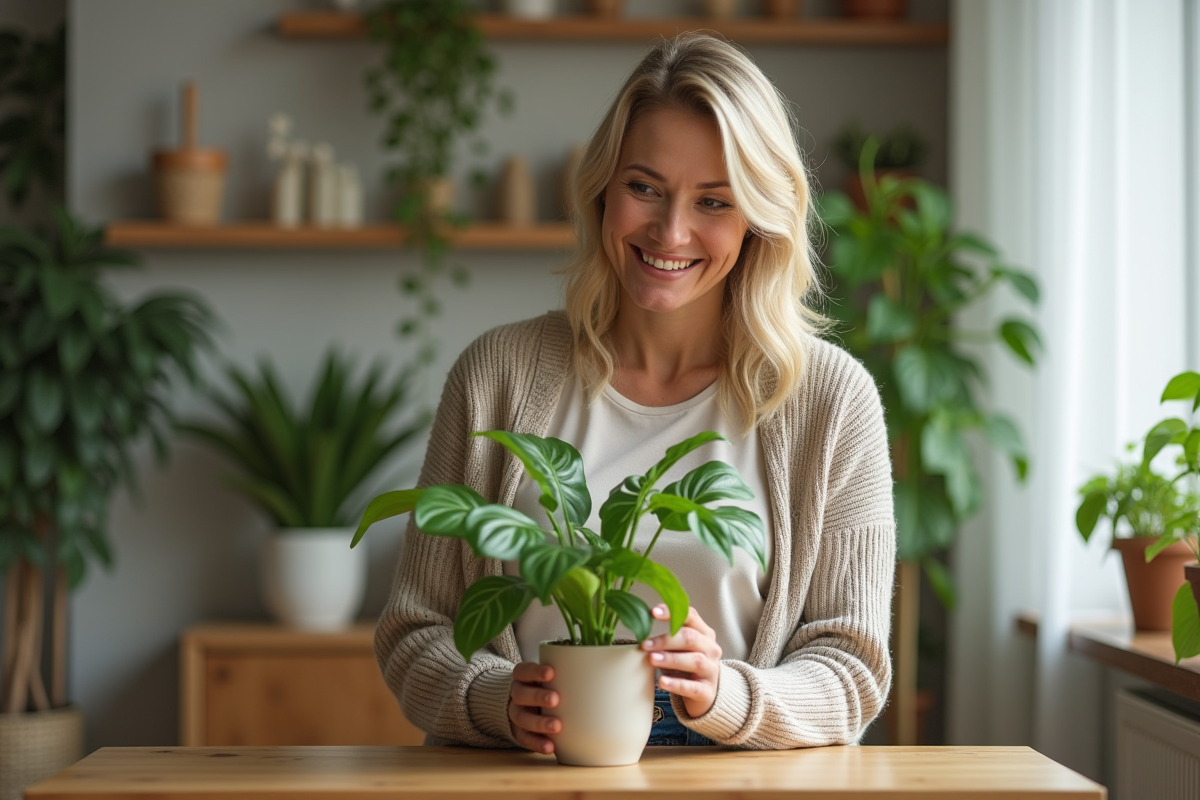 Femme souriante prenant soin d'une plante verte dans un intérieur cosy