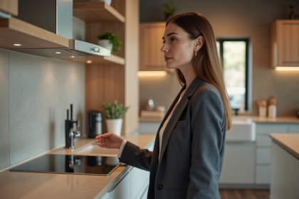Femme professionnelle examine des meubles de cuisine modernes