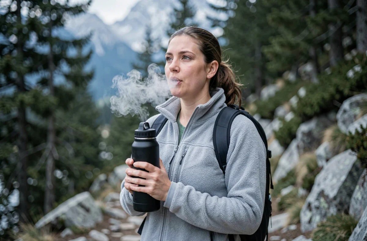 Femme en randonnée tenant une gourde chauffante isotherme noire dans un environnement montagneux froid