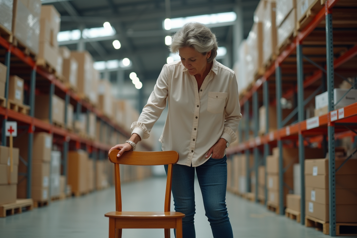 Femme examinant une chaise en bois dans un entrepôt communautaire
