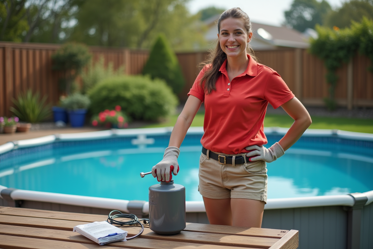Femme ajustant un chauffage de piscine avec une cl&eacute;