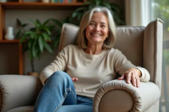 Femme d'âge moyen touchant un fauteuil en housse stretch