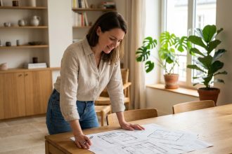 Femme dans un appartement moderne SaintPierre examine des plans