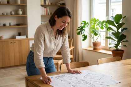 Femme dans un appartement moderne SaintPierre examine des plans